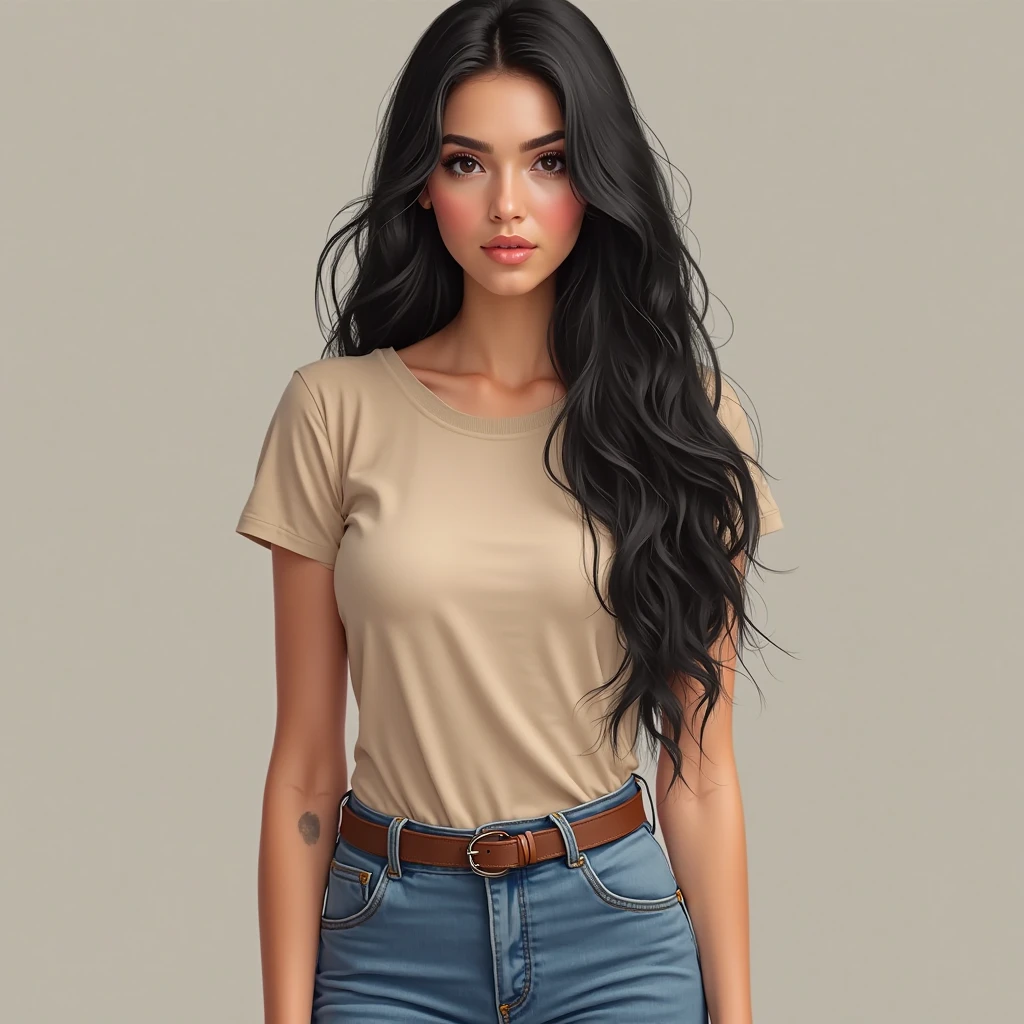 「Colored lead painting」，A  1 girl，Black long hair，，Double tail，White low-cut T-shirt，C cup