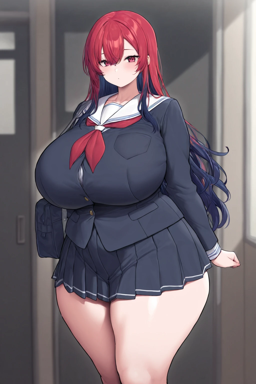 One Girl,{Knee-high socks}、(((Wide Hips)))、 (((plump and thick thighs)))、((Big Ass))、(Big Breasts) Embarrassed look,Short Stack、whole body、Sexy pose、Pleated skirt