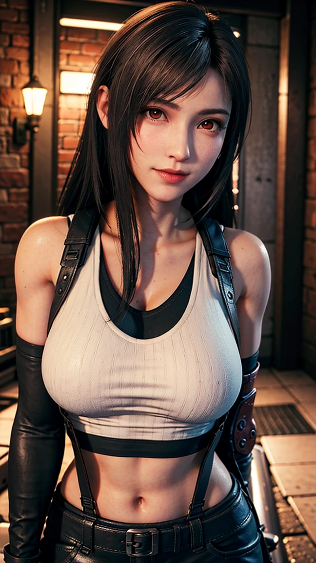 Solo, physically-based rendering, (muscular body shape),(huge fake breast:1.5), street city, slim waist, 11 line abs, big Hips, skintight leggings, (wearing cleavage Cyber Punk crop top, guard arm, glove:1.5), sweaty skin, clean skin, beauty model, 4K Resolution.