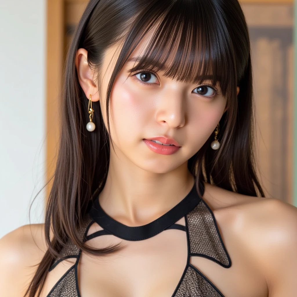 best quality, ultra high res, (photorealistic:1.4), 1girl, off-shoulder white shirt, black tight skirt, black choker, (faded ash gray hair:1), looking at viewer, Cleavage、tits