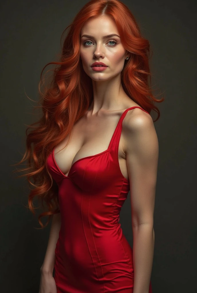 Generates a professional photograph in 8k UHD, full body, of a redhead with light brown eyes, wearing a red bikini, body very sexy, ultra sharp, she is posing like a diva, black background, she has a intense look