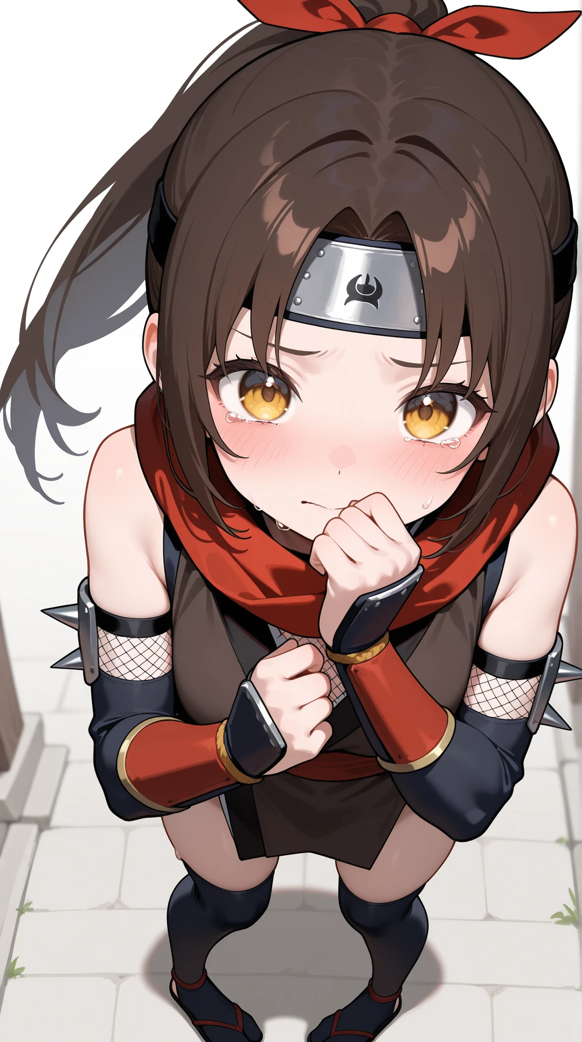 (extremely detailed CG unity 8k wallpaper),(masterpiece),(best quality),(ultra-detailed),(best illustration),(best shadow),1girl, solo, brown eyes, looking at viewer, long hair, sweatdrop, closed mouth, ponytail, black hair, bangs, outdoors, sidelocks, black background