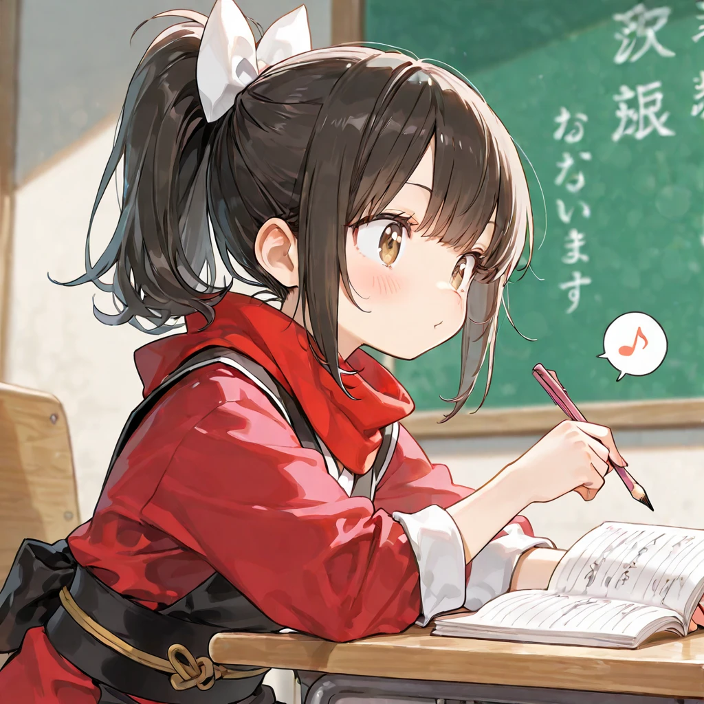 Best Quality, 1 girl, solo, ((black hair, pigtails)), messy hair, forehead showing, hair slicked back, oily hair, disheveled hair, strong wind messes up hair, brown eyes, ((red hanging skirt, red suspender, white short-sleeved shirt)), red tie, red school bag, white socks, recorder, loli, ((simple yellow background:1.2))