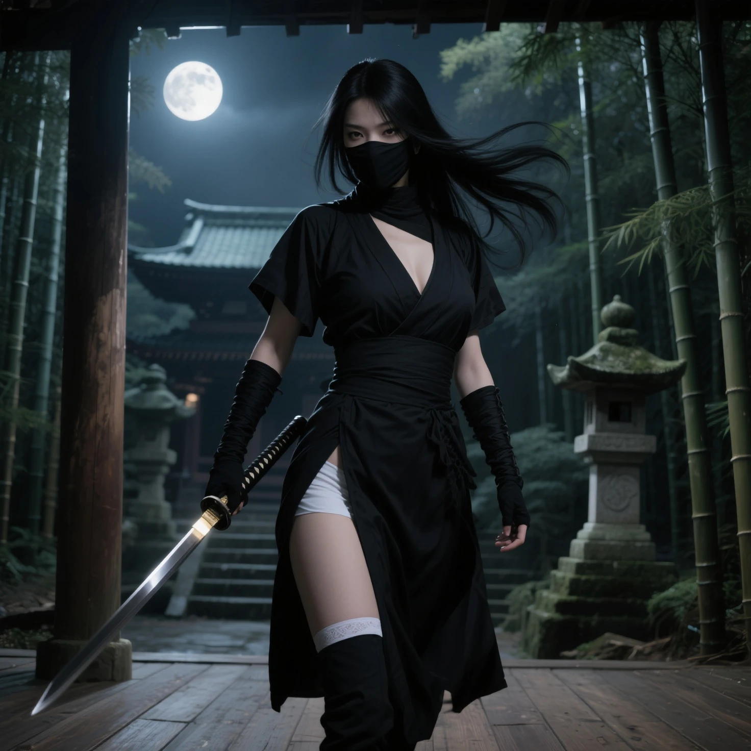 a female ninja, beautiful detailed eyes, beautiful detailed lips, extremely detailed eyes and face, long eyelashes, intricate tattoos, dark outfit, tight bodysuit, katana sword, smoke grenade, night scene, moonlit forest, (best quality,4k,8k,highres,masterpiece:1.2),ultra-detailed,(realistic,photorealistic,photo-realistic:1.37),dark fantasy,cinematic lighting,moody atmosphere,vibrant colors,dramatic shadows