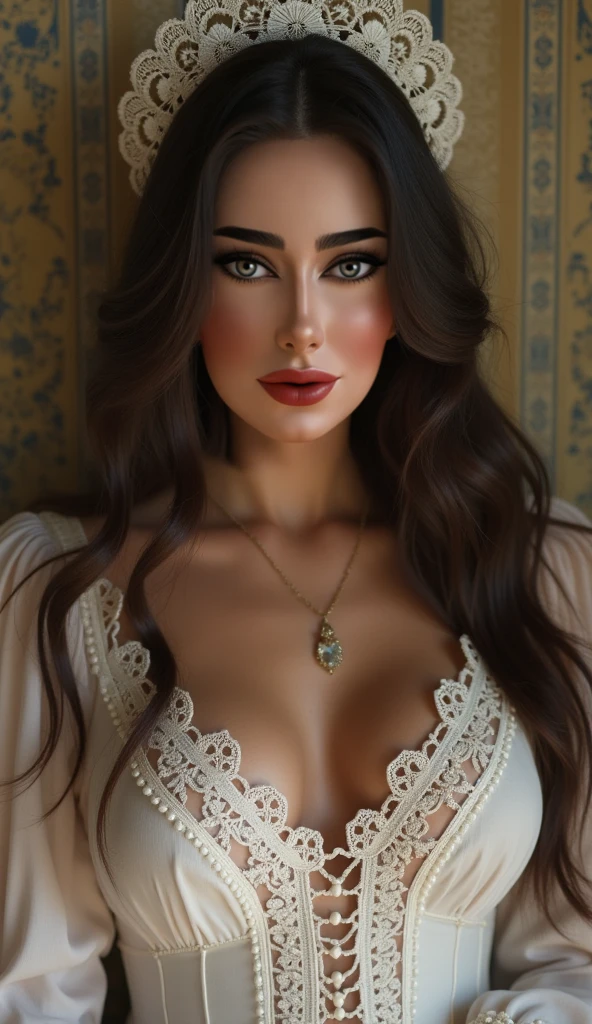 Extra Long shiny thick straight hairs on both shoulders, seductive big breast without blouse.