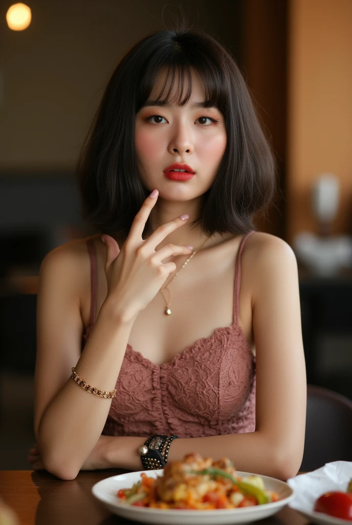 (((best quality))),(((ultra detailed))),(((masterpiece))),illustration,((1 beautiful young girl,solo,)),((slim,thin)),((small breasts,flat chest)),(shoulder length straight bob hair:1.2),(round face:1.2),delicate, sitting on the chair beside the dining table,(strapless lace bra:1.3),luxurious, exquisite, smooth skin, delicate facial features, pouted lips, doll-like appearance,(a cup of coffee:1.3), blinking,((close eyes,open mouth,female orgasmic,blush,ahegao, tongue sticking out)), exhaling, soft light, warm glow, pitch-black kitchen, dim light, eerie atmosphere, mysterious, soft hum, air conditioner, ticking clock, tranquil, ominous, otherworldly feel,darkness, loneliness, unaware, world outside,(from front,close-up of face),(night scene:1.5)