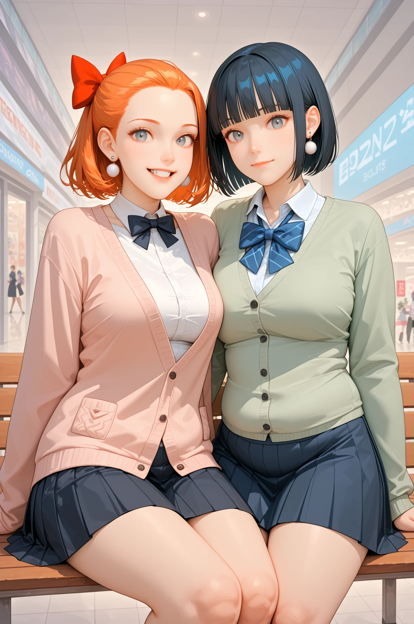 (2girls) masterpiece,best quality,highres (two distinct and diffrent characters) (two girls sittingmext to each other on a bench) illustration,detailed face, weight difference, 2girls, () ,chubby, double chin,skinny,stocking midriff, in the mall atrium,  (taut clothes) () , () (), gekkoukan high school uniform, pink cardigan, red bow, long sleeves, black skirt, earrings, white choker, short hair, grey eyes, cardigan, green turtleneck, blue short skirt, l, ()
(Random hair color)  usnr,   