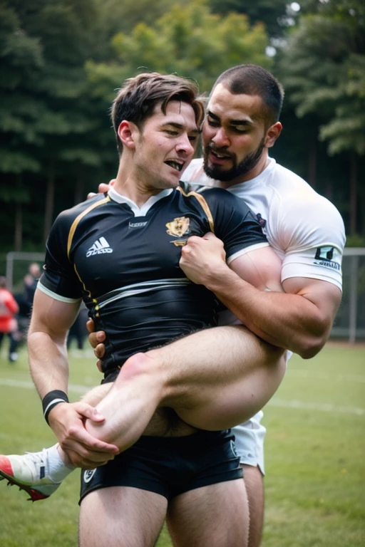 2 two Rugby player muscular , very hairly chest and body , italian look , 35 years old , beard face , two having sex , in the playing field , infront of his friend