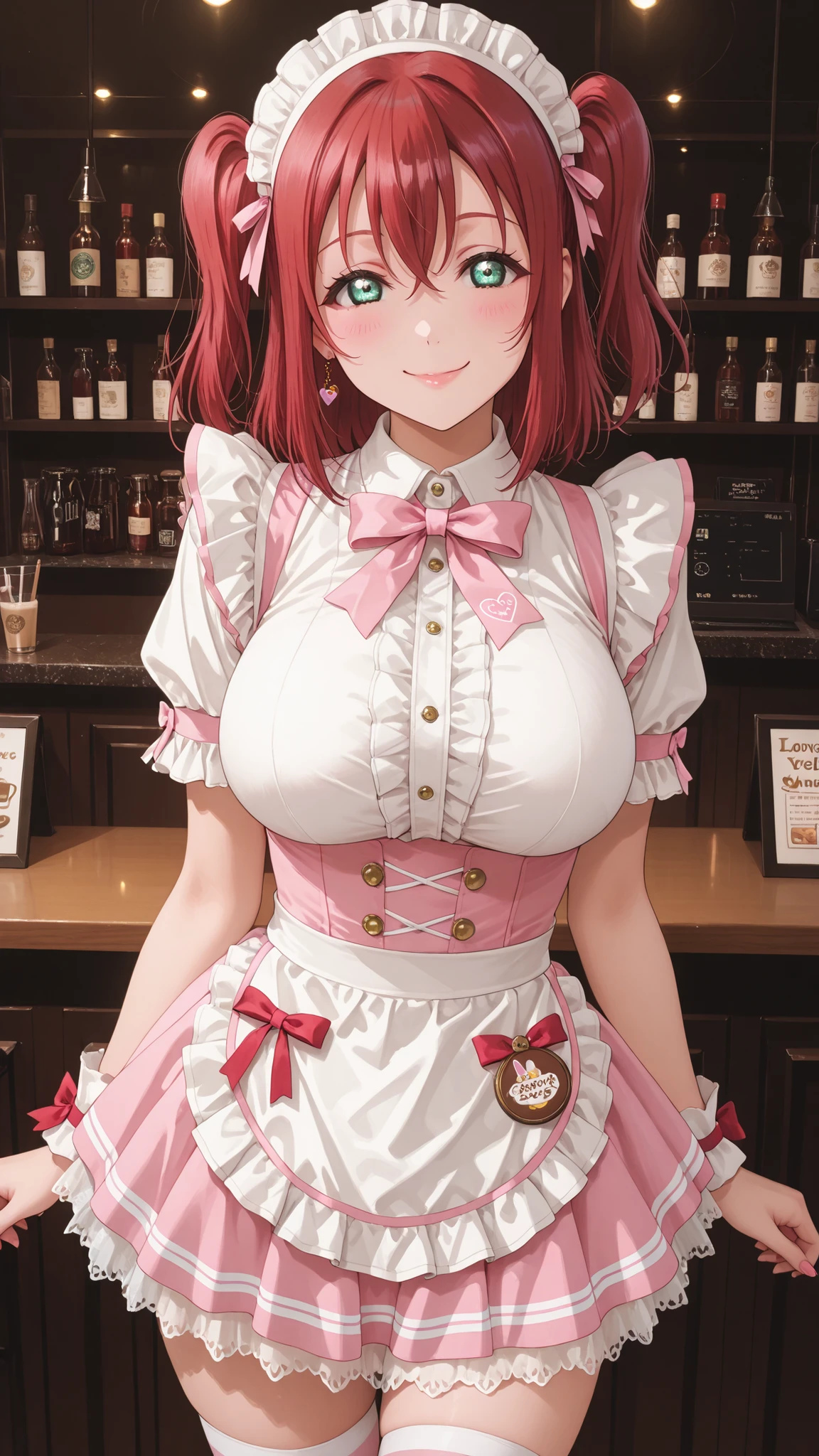1girl , solo ,  Kurosawa Ruby（Love Live）、美しいRed hairツインテール 、Red hair、Red hairショートヘヤーツインテール、Red hairツインテール、Shorter Little Sister、green eyes、green eyes、美しいgreen eyes 、Very Very Very Big Breasts（big big breasts：99. 9）Pink and White Maid Outfit Costume、 Pink and White Silk Maid Outfit ,pink sexy maid clothes、pink miniskirt、 Blink  ,  summer、viewer、Red hairツインテール  , beautiful girl,秋葉原のMaid Cafe、indoor、 noon、Maid Cafe、 Inside the Coffee Shop、smile、満面のsmile、恋人に見せるsmile 、 I love you 、Blink、embarrassing