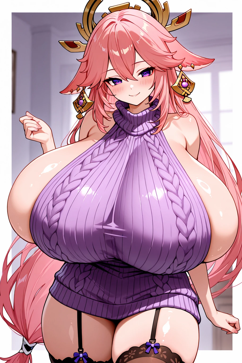 Yae miko anime style,  blushing,  unclothed , huge breasts