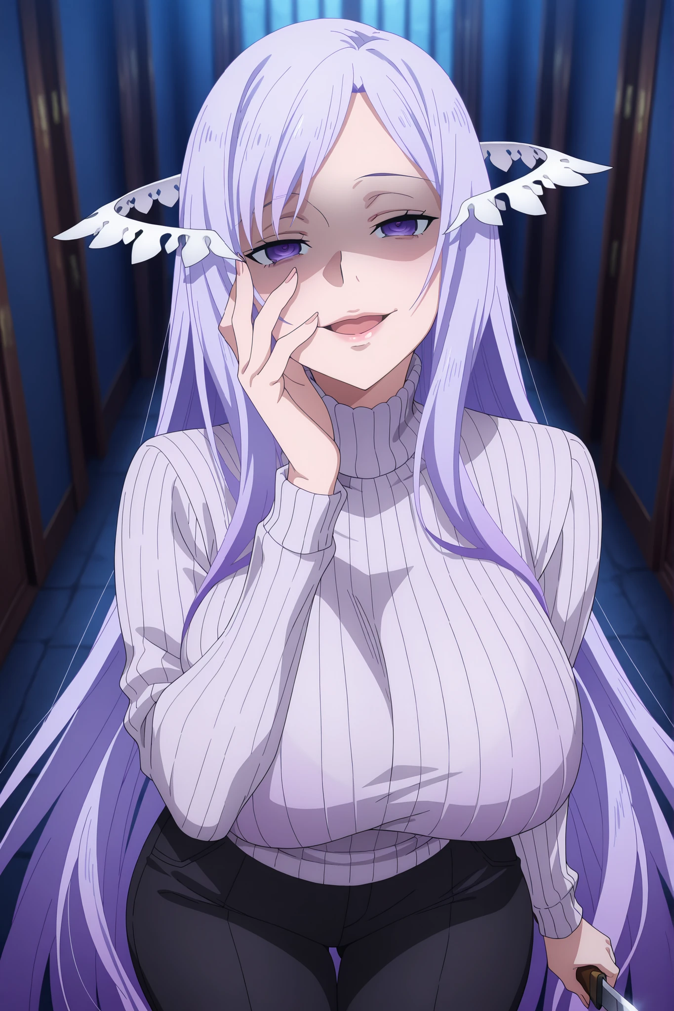 anime screencap, masterpiece, best quality, quinella, 1girl, Mature Female, long hair, light purple hair, purple eyes, , yandere , yandere trance, big breasts, big butt, ((turtleneck sweater, black pants,)), crazy smile , crazy, Lips, view detailed body, (((Sexy,))) ((turtleneck sweater, black pants,)), creepy asylum, dark, night, holding knife,