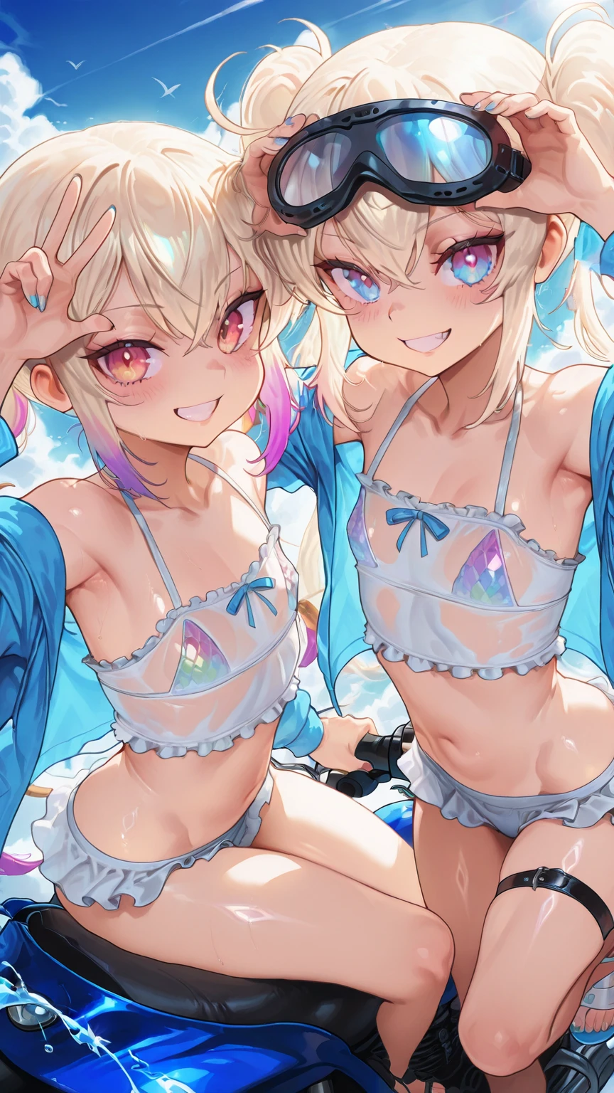 ((young 2girl ,short stature,gyaru)) ,flat chest,hime cut, ((long hair tied back,))nsfw,heavyset,looking at viewer,frilled one-piece-swimsuit,,evil smiling,cowboy shot