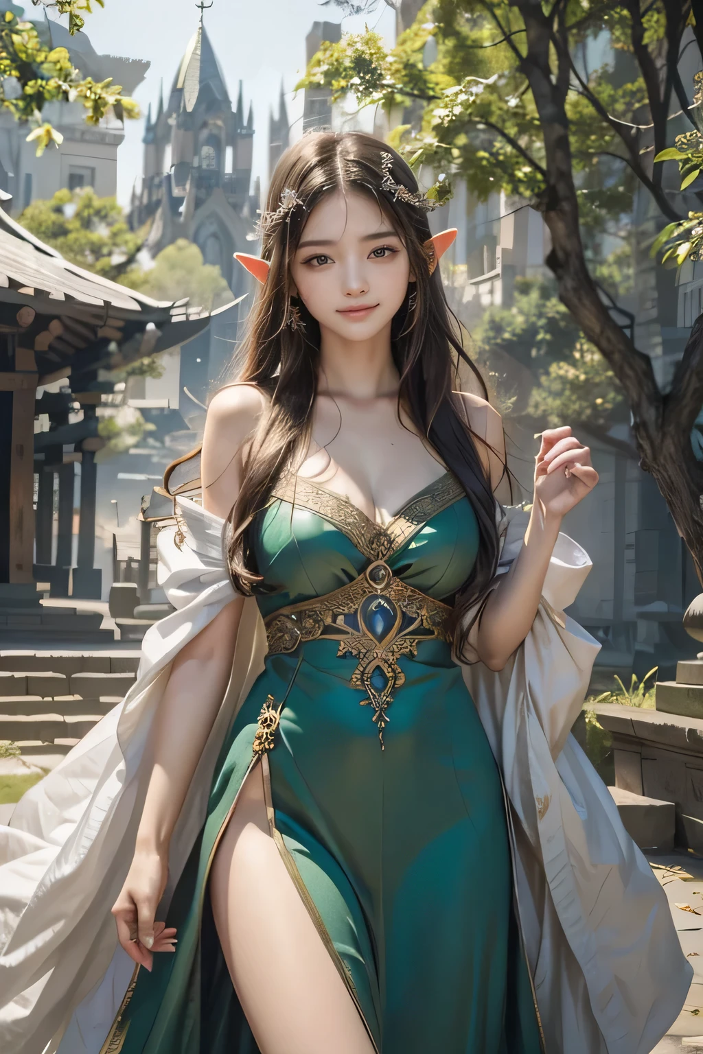 Graceful elven girl standing in meadow, Delicate face illuminated by the soft light of the setting sun. Her long, Flowing hair runs down your back, Decorated with intricate braids、Adorned with sparkling gemstones. This great photo is、、、It captures the ethereal beauty of elves. Slender figure in silk dress、Swaying in the soft steppe breeze. Attention to detail、Face that is、Face that is、Face that is、Face that is、Face that is、Face that is、It is evident in the intricate patterns of the dress and the subtle highlights of the luminescence. skin. The breathtaking portrayal of the elven girl is、、、、、、、Create an enchanting atmosphere、It invites the viewer to a magical world. emerald green hair color and eyes,