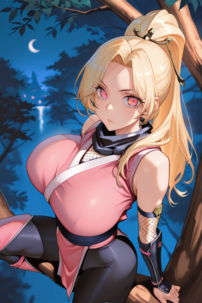 Best Quality, yamanaka ino, (1girl, 独奏, mature female, Adult woman), seethru, hair light, Uncovered kimono, red kimono, long red kimono, long kimono, sash, Cyan eyes, Sateen, Forest background, Warm background, big breastes, wide thighs, kitty, (, :1.1, hair ornament, Thong with neckline), teats, wet skin, Sperm on the chest, sperm