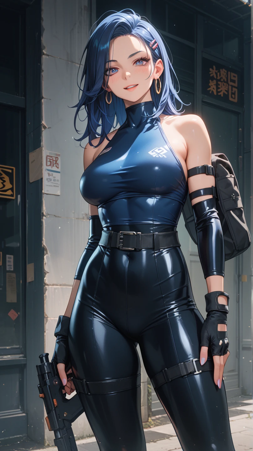 A half body photoshoot of a 25 years old woman, cosplaying cyberpunk, blue intense hair, brown eyes, hyper realistic, ultra detailed, natural light, neon light studio as a background