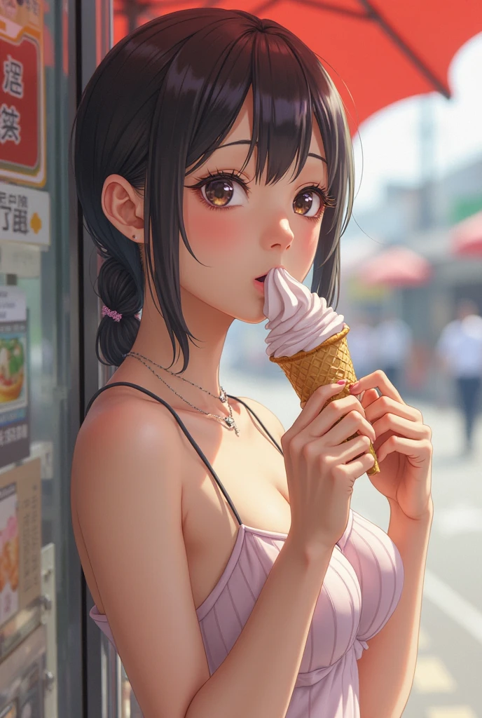 (Masterpiece) 8K resolution, top quality, woman in tank top eating ice cream, jet black bun hair, purple eyes, very pretty, nice body, kind smile,