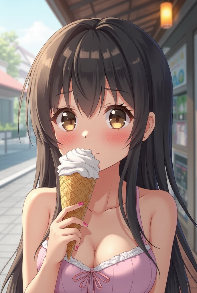 Original Characters, Natural Volumetric Lighting And Best Shadows, Deep Depth Of Field, Sharp Focus, Portrait Of Stunningly Beautiful Petite Girl, Soft Delicate Beautiful Attractive Face With Alluring Yellow Eyes, Sharp Eyeliner, Lovely Medium Small Breasts, Looking At Other, (Open Mouth Eating Ice Cream:1.2), Windswept Disheveled Brown Hair, Thick Layered Medium Twintail Hairstyles, Blush Eyeshadow With Thick Eyelashes, Parted Lips, Sun Tanning Brown Skin, Sweat Wet, (See-Through Tank Top:1.05), Slim Waist With Open Cute Navel, Amazing Cleavage, Straps Short Pants, (Crouch Down, Summer Sweltering:1.1), (Front Of Rustic Small Snack Shop Under Sunlight, Side Vending Machine:1.15), (Highest Quality, Amazing Details:1.4), Masterpiece, Bloom, Picturesque, Vivid Watercolor Paintings