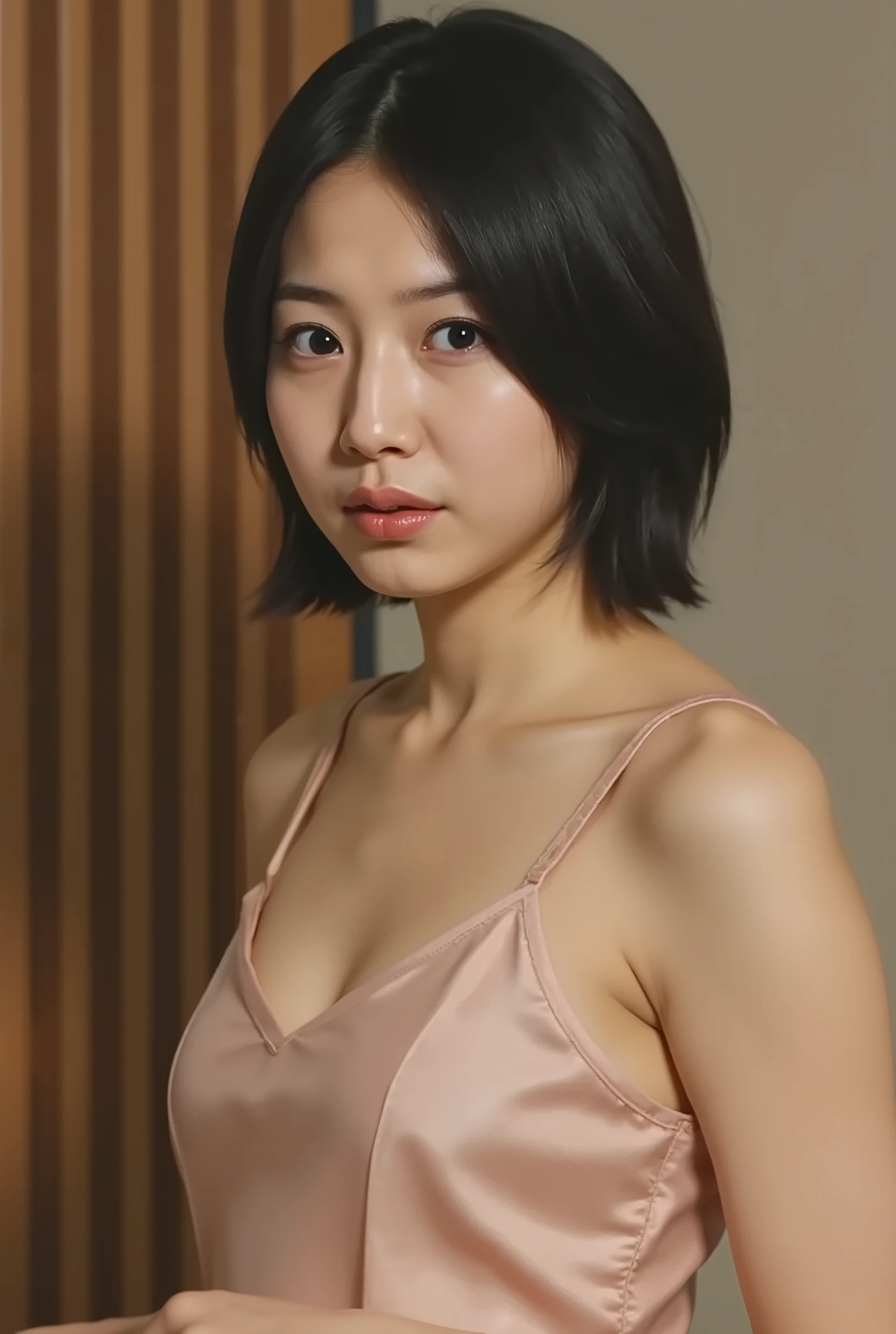 (( premium quality, 8k )), ((masterpiece)), ( details), Japanese girl, first-person view ,One Woman, Petite Woman , sexy,( in the bedroom),((( big boobs, Naked, beautiful breasts, short bob hair , black hair))), dark haired , (( without ornaments, Without any accessories, no makeup, small eyes))