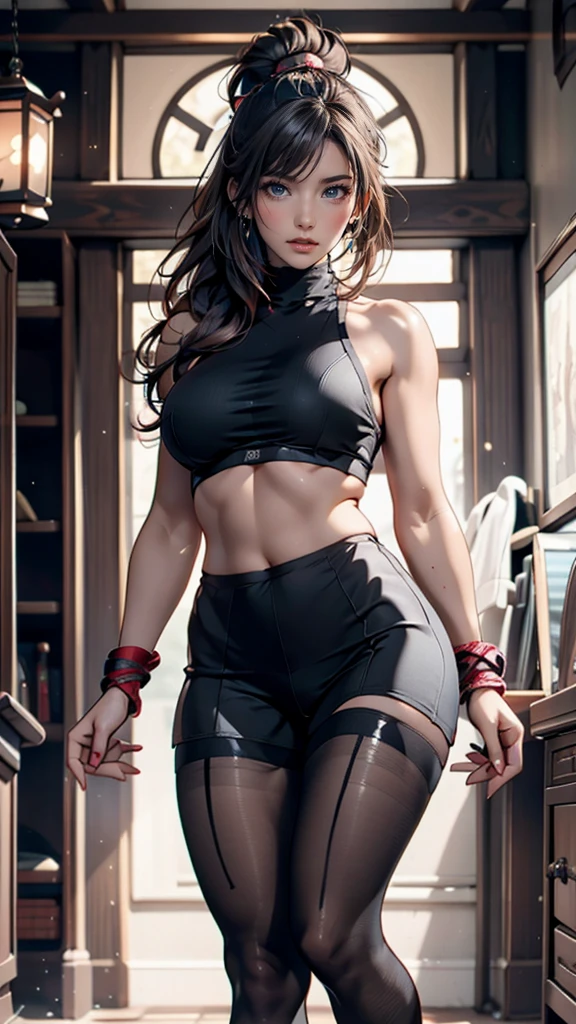 (8k, highest quality, masterpiece:1.2), (Realistic, photo-Realistic:1.37), Are standing, Spread your legs, (Wide stance), Super detailed, 1 girl,cute, alone, (Tifa Lockhart), (medium breasteautiful detailed eye), (smile:1.2), (Mouth closed), Sharp focus, Depth of written boundary, Good composition, Final Fantasy VII, Black Hair, Very long straight hair, Hair bangs, ((red_eye)), complicated, Perfect breasts, suspenders, stockings, Lace gloves, Toned body, Athletic ability, Wide Hips, Narrow waist, Toned arms, Exposing the abdomen, (View from the front)