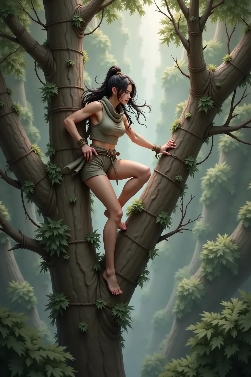 a naked woman tied to a tree, entangled with tree roots, covered roots, beautiful woman, big breasts, open legs showing vagina, groot fuck vagina, groot piercing her vagina, groot in vagina, sensual body, big breasts, short wavy hair, beautiful asian woman, jav idol actress, tied with tree roots, dark misty forest,