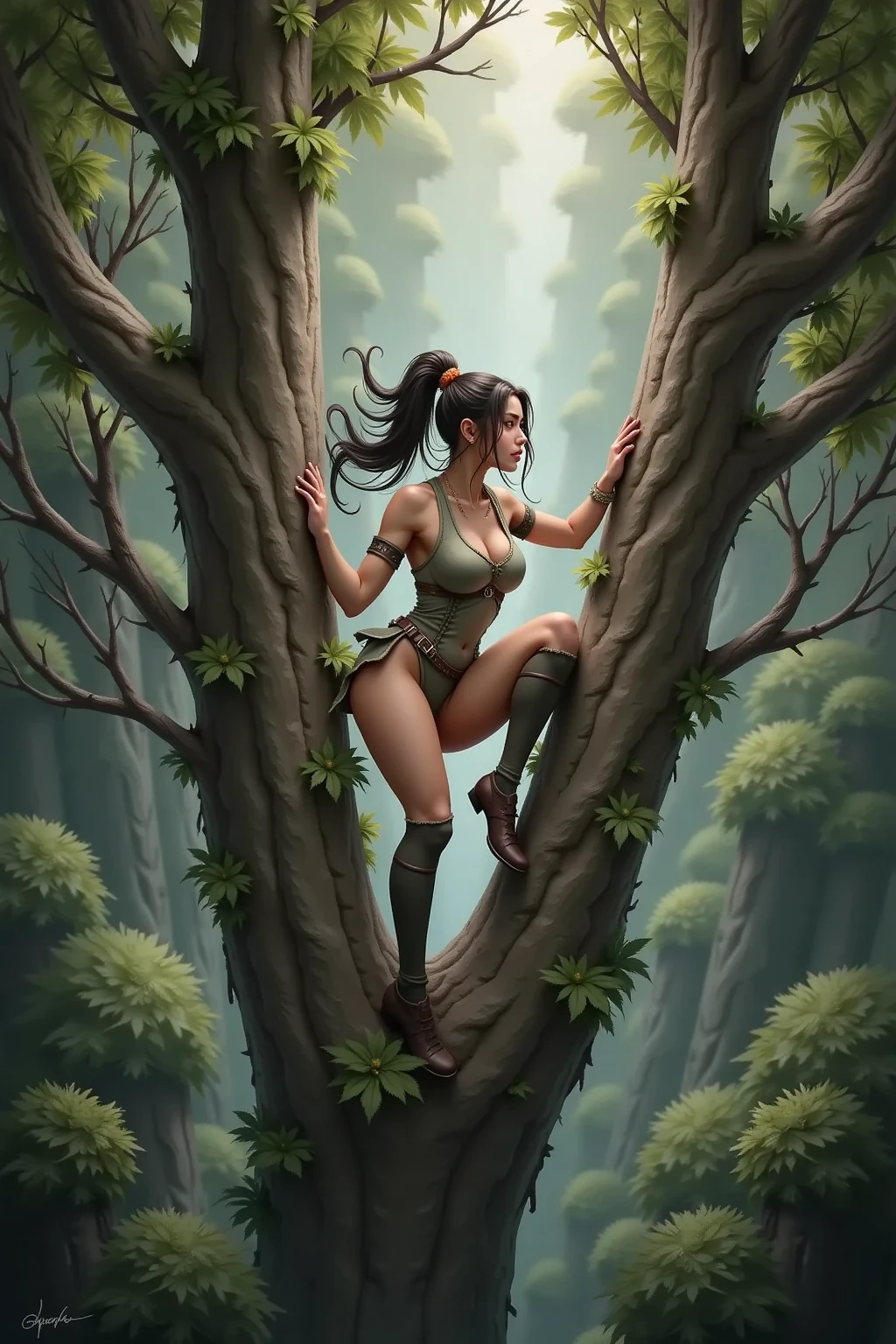 A naked woman entangled with roots on a tree, body covered in roots leaf, entangled in tree, hands and legs entangled with roots, roots leaf covered her body, beautiful woman, big breasts, legs open showing pussy, large groots fucking her vagina, large tree groot piercing her vagina, tree groot in pussy, wet vagina, sensual body, big breasts, short wavy hair, beautiful Asian woman, jav idol actress, tied up in tree, late night, sunset, sky mountains background, very realistic, very realistic,