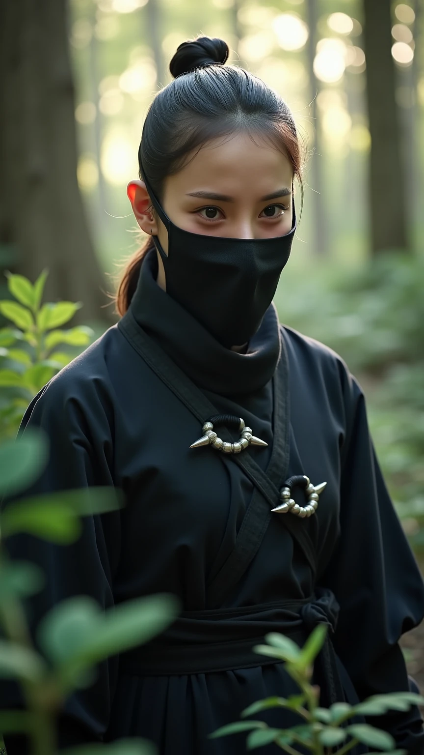 skinny Japanese woman in black Ninja kimono costume running to escape in the dark forest, beautiful face, ((detailed face, detailed eyes)), high quality, high resolution, hyperrealistic photo, a photo capturing a shocking moment, award-winning, masterpiece