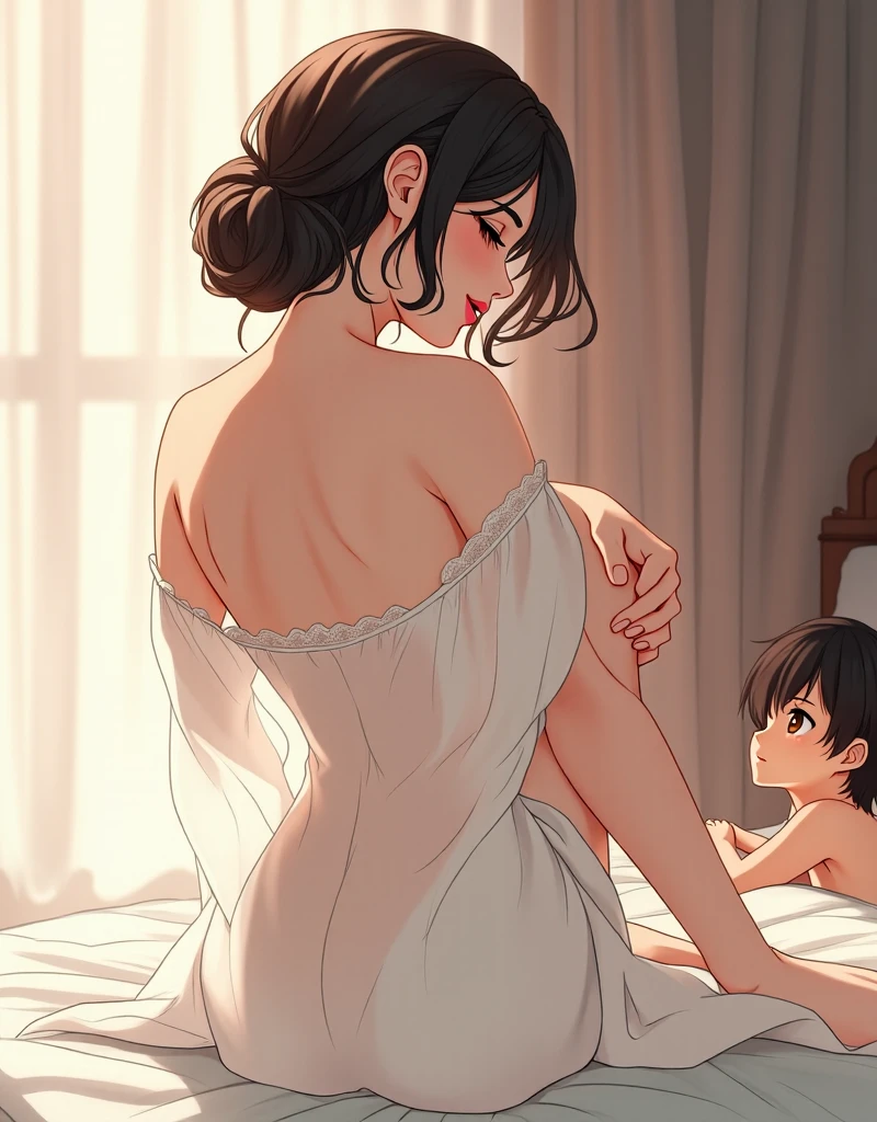 score_9, score_8_up, score_7_up, source_anime, 1boy, 1girl, mature female, mother and son, kid, smile, looking at viewer, The mother is sitting, son is clinging on mother, white dress,thong,bare ass,expose ass, from behind, (focus on her hips)