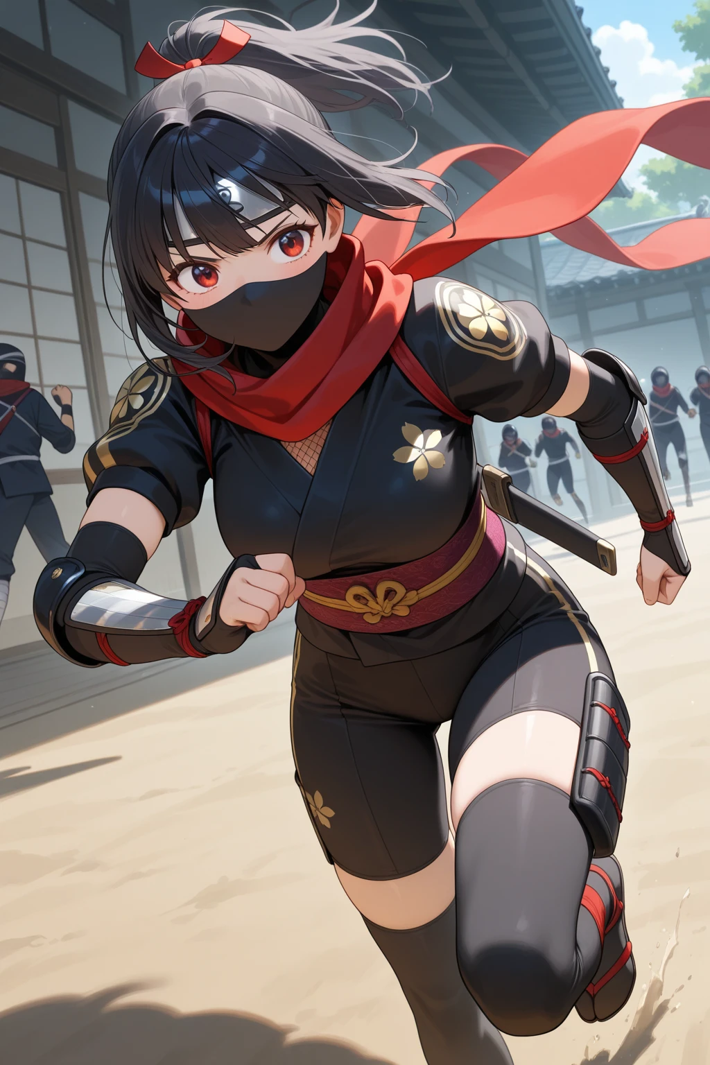 (masutepiece:1.5)、(top-quality:1.5)、(16k wallpaper:1.2)、(Photorealsitic:1.2)、(ultra-detailliert:1.2)、(超A high resolution:1.2)、(Ultra-detailed and realistic skin:1.2)、Super dense and beautiful eyes、Powerful and beautiful eyeshadow、(odd eye)、Beautiful 16 year old kunoichi、Natural Color Lip、(black half-updo hair:1.2)、(Woman in the coolest ninja costume:1.4)、(beautiful and luxurious obi:1.2)、(she is wearing a black scarf and mask)、beautiful and long legs、shuriken、kunai、Ninja Sword、(Brutal smile)、beautiful battle pose、(Surrounded by a lot of guys:1.3)、Dance beautifully、Jumping、runtime