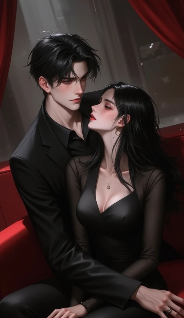 Shown is a man and a woman, with height difference, handsome, 20 years old, white shirt, black pants, back head, handsome, high appearance, high nose bridge, big eyes, double eyelids, mixed race, tall, black hair, brown eyes, symmetrical eyes, looking at the girl,, a woman wearing a beautiful skirt, long black hair, symmetrical eyes, big eyes, black eyes, there is a height difference