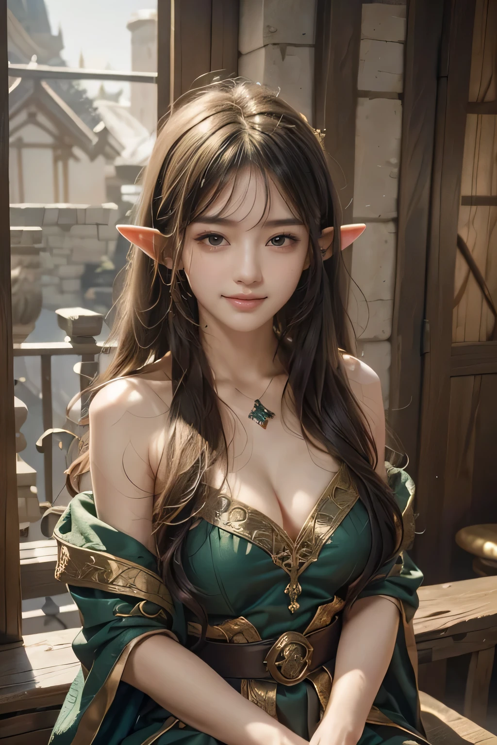 (16k, masterpiece, best quality), ultra-detailed, detailed beautiful round eyes, beautifully detailed face, high quality, high resolution, perfect anatomy, (a female druid sitting in the forest with few tiny elves), daytime, goddess of light, curly hair, tiny elves arround her, tiny glowing butterfly, forest background, huge breast, mature women, vines, dynamic pose, looking into the distance