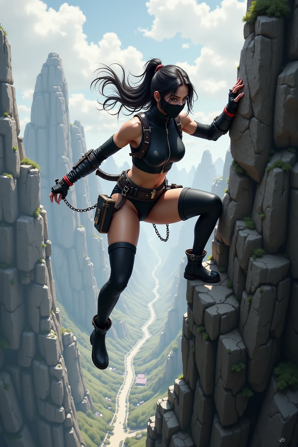 (((climbing stairs crawling from back side))), a closed, Succubus, smile, cute, dark Tight, black bikini, showing off the curves of the body, cinematic, 8k, enhaced, 18 years old, full body, realism, high quality, masterpiece, In a cave
