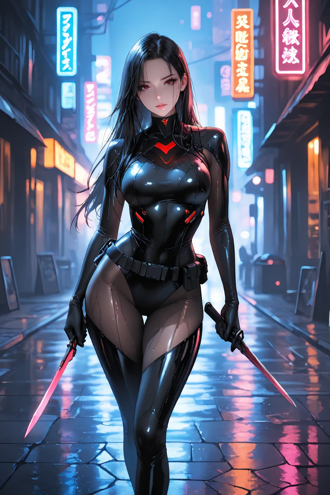 woman with long black hair tied up、eyes are sharp、view audience、red and white patterned hero suit、long legs、get down on one knee、City of night、collapsed buildings、Different world、dark fantasy