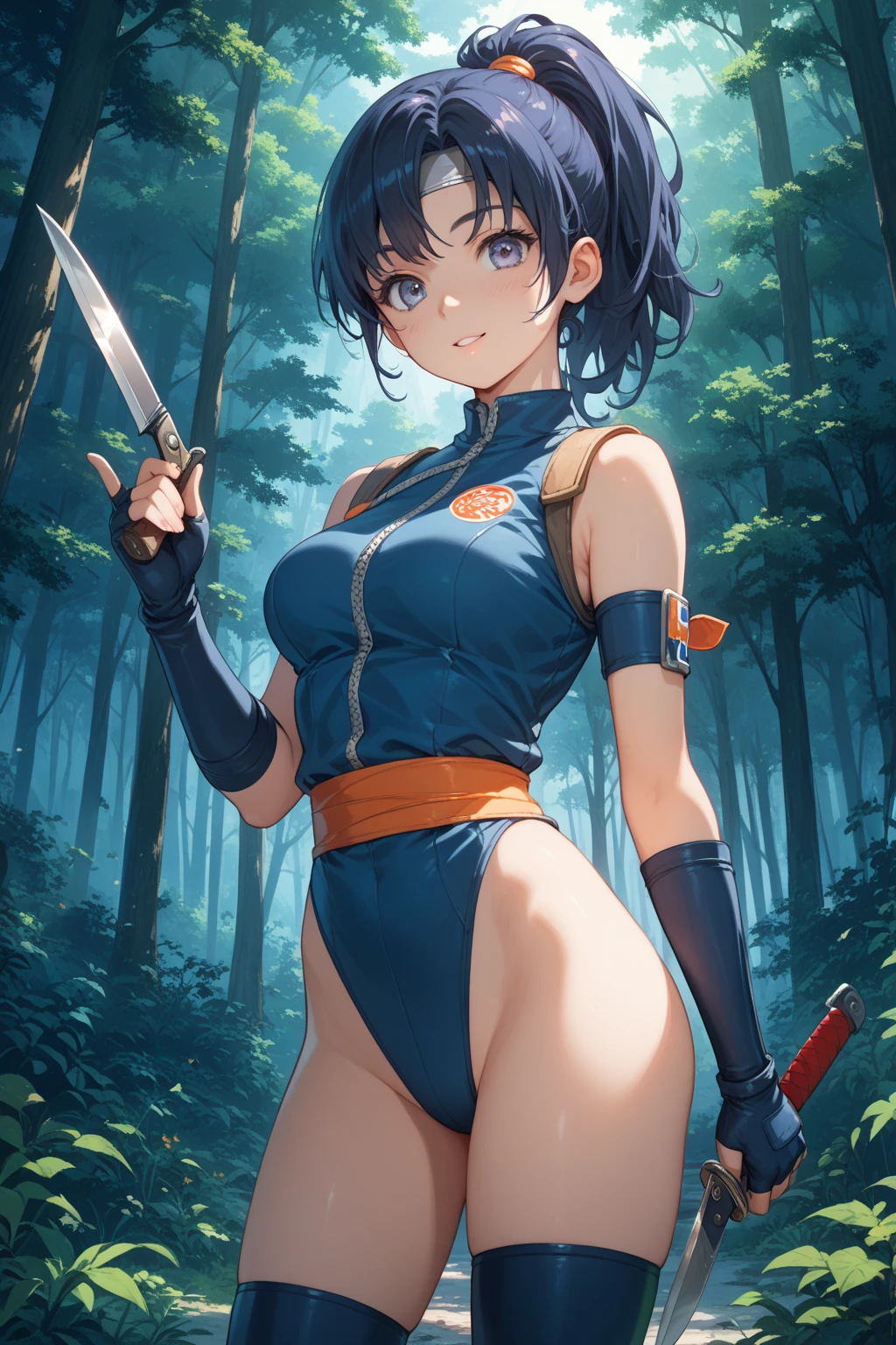 (((dark tan skin))) dark-skinned female, tanned　Dark brown skin　　Strike Witches　Kaneshiya Shitara　　Blue Slingshot　Japanese sword　forest　magic hour　erect nipples　evil grin