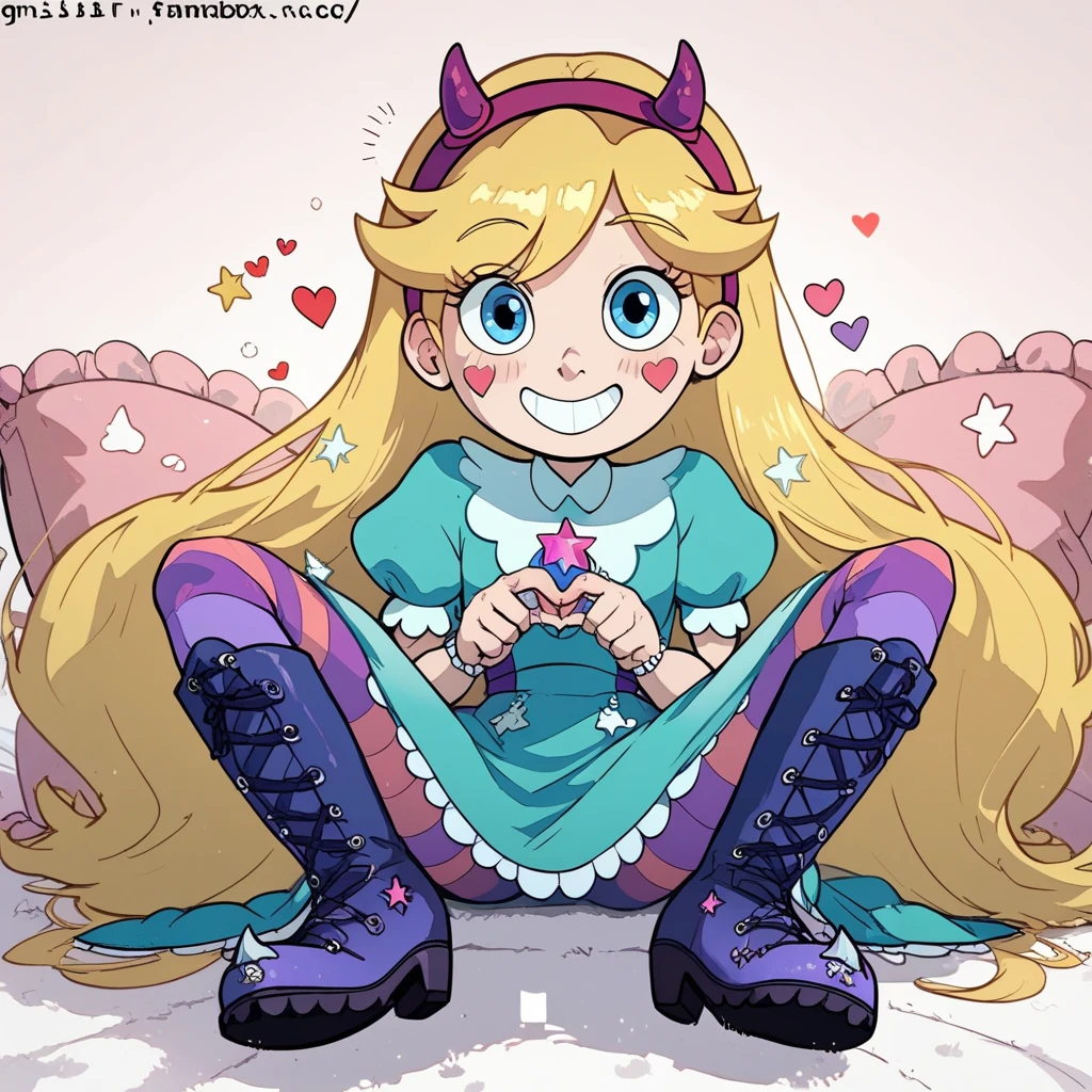 NSFW, 1 girl, star butterfly, blue eyes, blondie hair, long hair, topless, wearing striped panty, horn hairband, lovehotel room background, pink stocking, pink garterbelt, sitting at bed