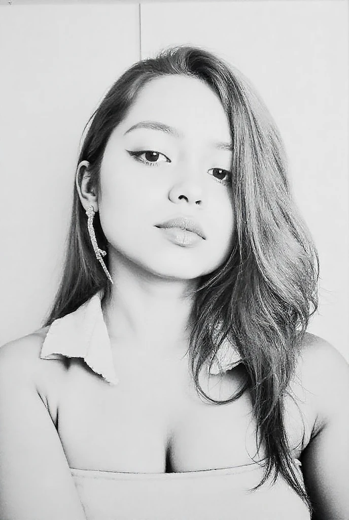 Beautiful busty girl holding a guitar. Wide angle. Half body visible. Pencil drawing.