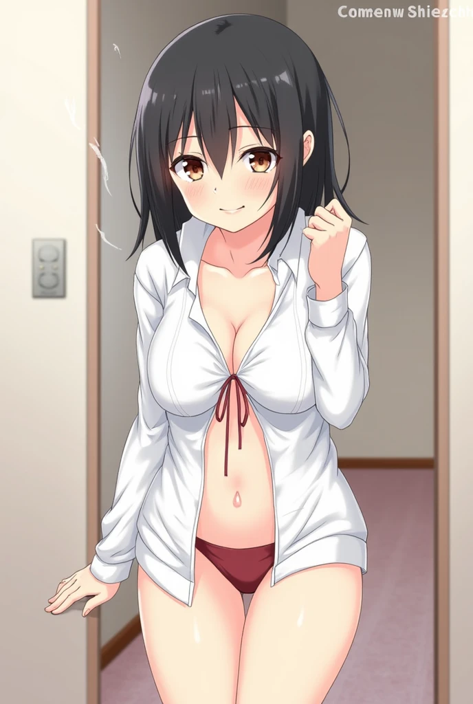 (masterpiece, best quality, high resolution, animescreencap, anime colored,), (perfect anatomy, beautiful detailed eyes, beautiful detailed body, beautiful breast, shiny skin), 1girl, black hair, side bangs, long hair,((watery and soapy hair)), large breasts,smiling, red eyes, anime eyes,armpits, looking at viewer, (( taking off clothes)), ((undressing)), ((white shirt)),((wet skin)),((standing)), ((indoors)), ((inside room)) (( super sweaty body)), ((looking from below))),(( black bra)), (( black panties)), ((undressing clothes)), ((black stockings)), ((holding the stockings))