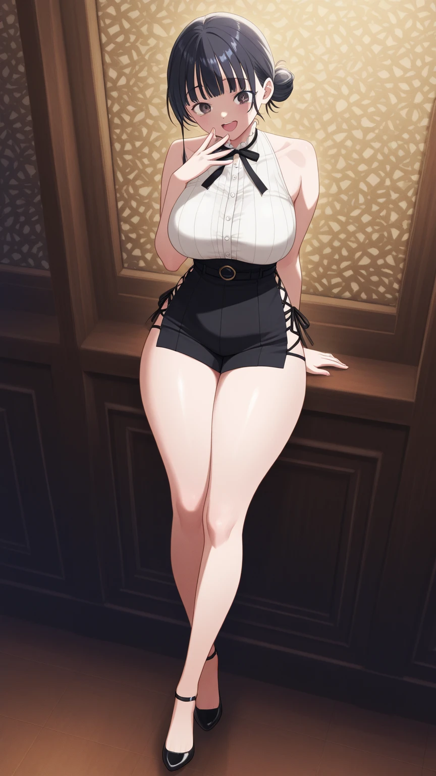 Fubuki from One Punch Man, masterpiece, best quality, 8K, UHD, ultra detailed, ,sexy pose, full body ,beatiful eyes, beatiful hair, wearing black tight fitting, wearing black bra, wearing high heels, sexy leg, sexy boobs, in home