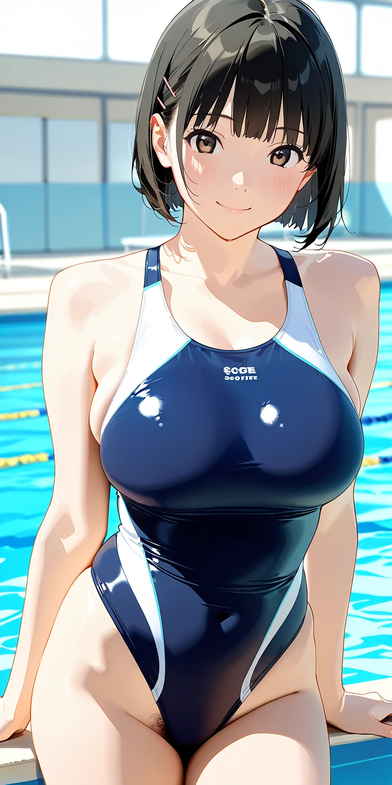 Highly detailed CG, Highly detailed skin, Perfect Anatomy, Dynamic Lighting, Beautiful attention to detail, (Realistic:1.4), Japanese Girls, (1 Girl), (Mature Woman :1.6),  Black Hair, short hair, Beautiful Eyes, wide double eyelids, smile, (Huge breasts:1.3), (Curvy:1.4), (Shiny metallic white one-piece swimsuit:1.5), (sunny:1.2), Sit with your legs apart、Put your arms behind your back、From below、(public swimming pool:1.5), Soak your feet in water、