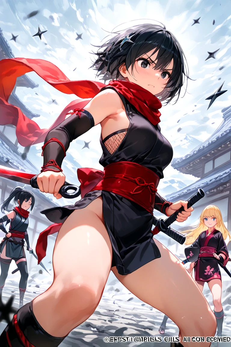 Black short-haired girl with doll head and flat chest,Japanese Ninja,kimono,Hand guard,One-piece swimsuit,thigh,stockings,Standing,Japanese castle roof
