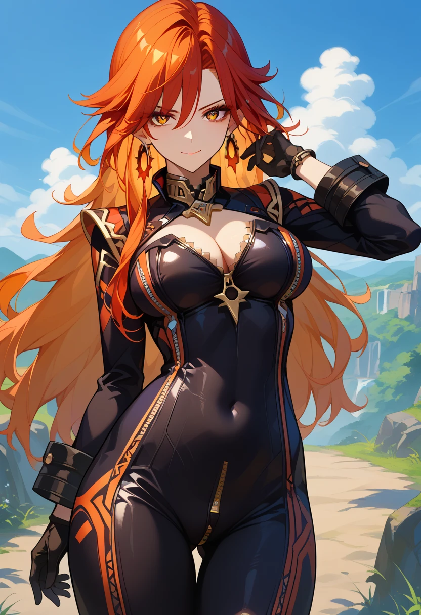 Adult woman, llong orange hair, Fox ears, red-eyes, Tight Korean armor, anger, Masterpiece, hiquality