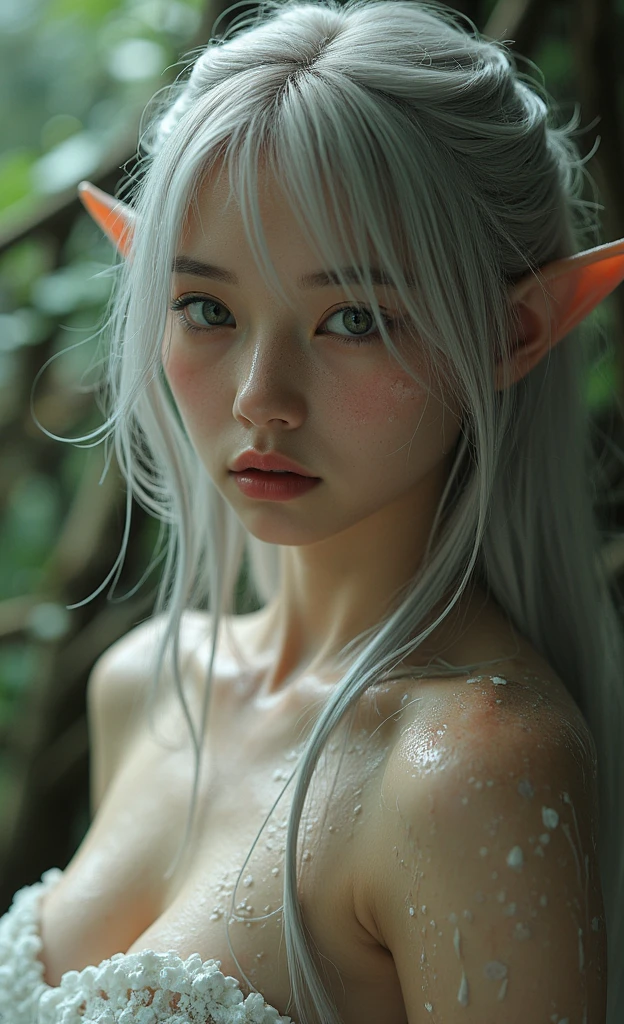 body view, elf girl, kim chaewon as a sexy elf, kim chaewon is a petite girl, 1girl, forest background, kim chaewon, petite girl, small breast, petite figure, long light blue hair, face front, nudity, emotional face, make up, masterpiece, best quality