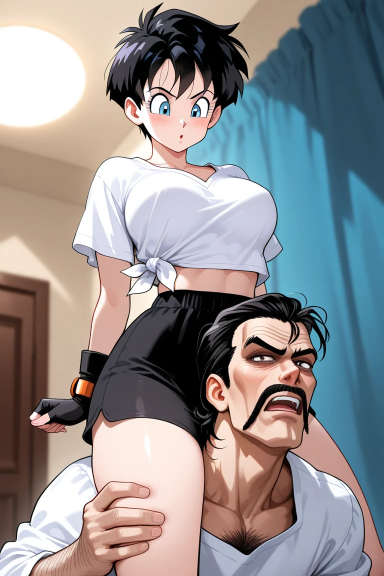 anime art, a guy, fit body, wearing priest tight outfit, big masculine bulge, , squatting down on top of the head of a sleeping female with lgbt shirt
