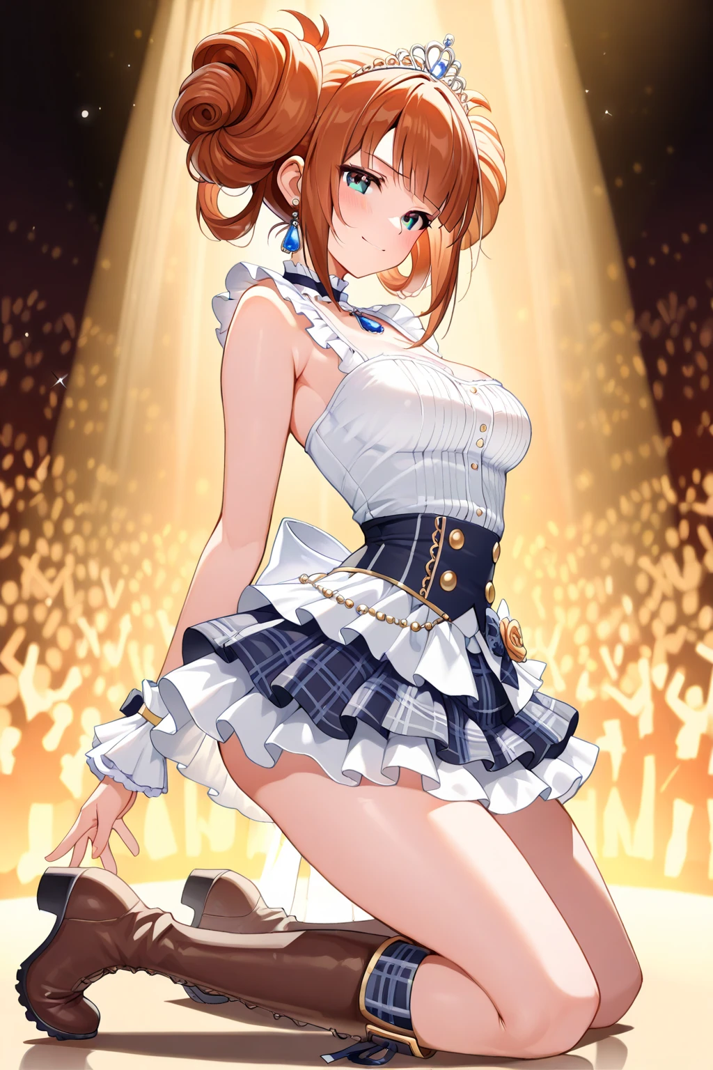 1 girl, pastel colours, light brown hair, hair up to the shoulders, Cute idol clothes, Concert stage, Holds the microphone, little chest, small girl, confusion, Large thighs, chubby thighs