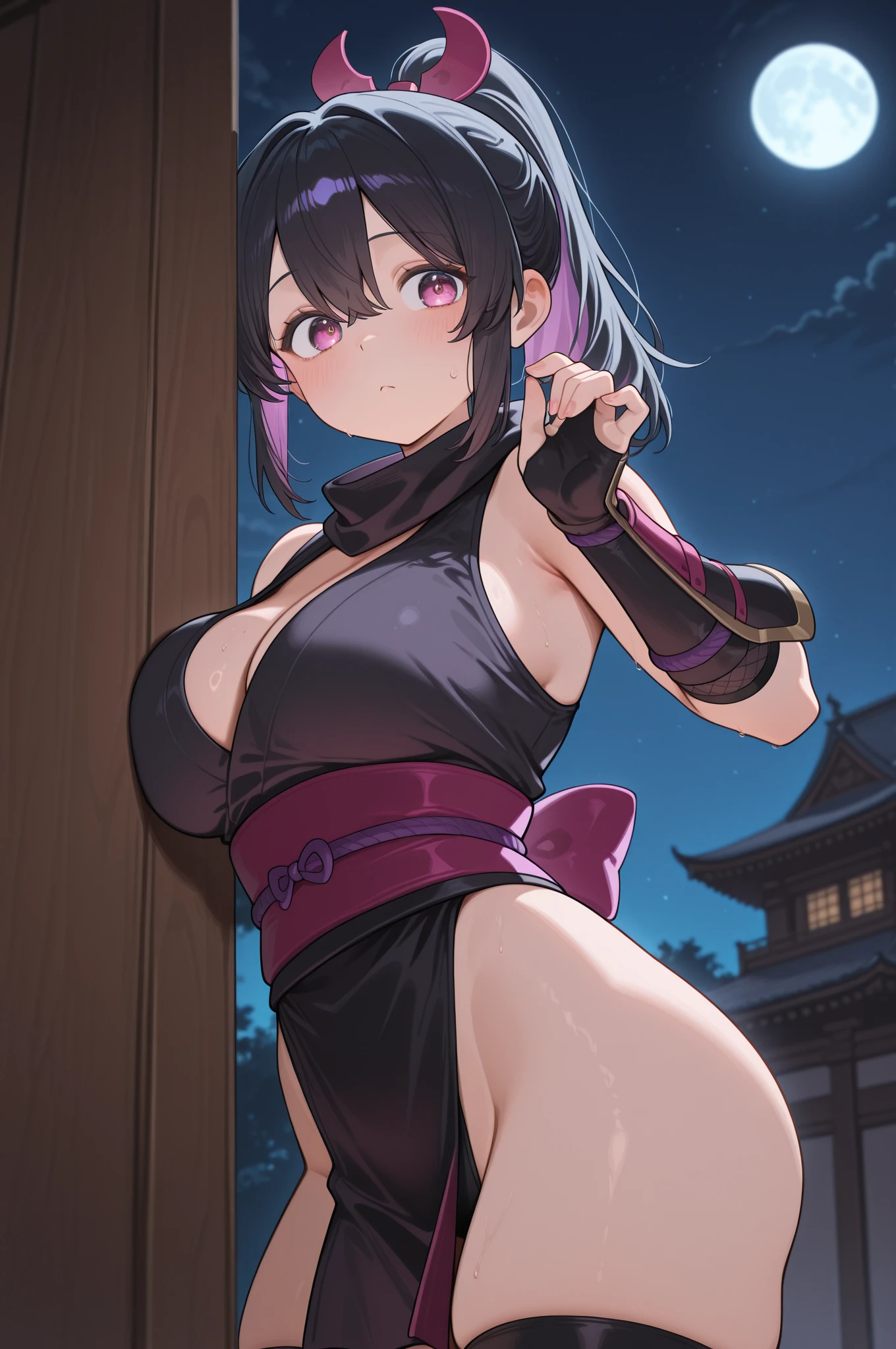 ((masterpiece, highest quality:1.3)),cowboy shot,20 year old beauty,Female Ninja、(((kunoichi uniform,all black kimono、Sleeveless))),solo,((very small head)),dark purple hair,short bob hair,bangs,purple eyes,blush,medium breasts,((very long body,slender body)),skinny,gleaming skin,oily skin,sweat,Bamboo grove、at night、Moonlight shining in、