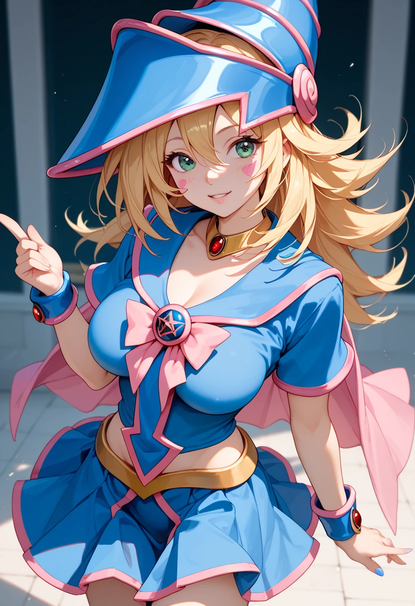 ((masterpiece,best quality)), absurdres, <lora:dark_magician_girl_v1:0.6>, hmdmg1, wizard hat, blush, blush stickers, cleavage, bare shoulders, dress, off shoulder, solo, smiling, looking at viewer, cowboy shot, cinematic composition, dynamic pose