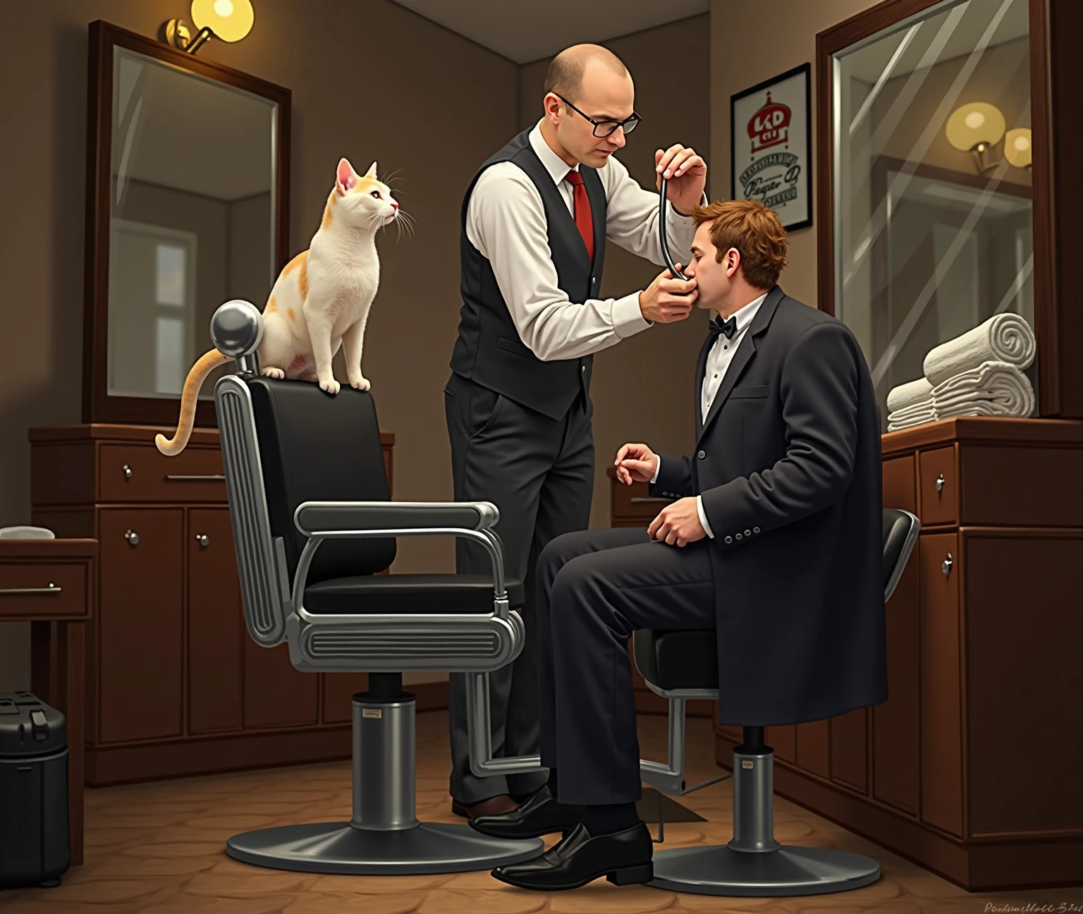  cat laughing hairdresser in elegant suit cating hair Shaving machine on luxury chair in barbershop very big pitbull in tracksuit realistic, real, high resolution detail, full photo like real