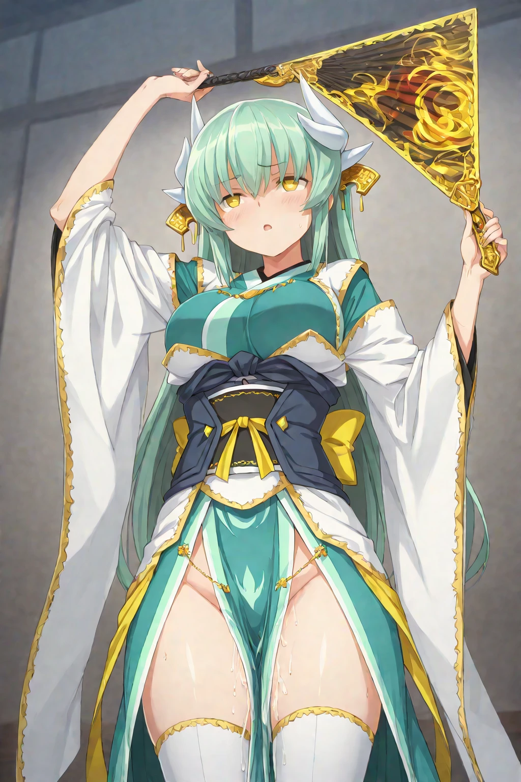 girl、No panties、pussy、open vagina、Long Hair、Green Hair、Moe sleeves、smile、The skirt is turned up, the juice is coming out of my crotch,