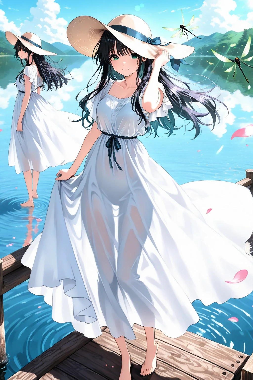 Stunning Chitanda, There is only one beautiful girl，purple eyes, black hair, Naturally straight hair, straight bangs，extremely refined，lips open，flowing long hair，Peerless beautiful girl, dreamlike，Slim，soft, (Sensual), (kawaii), Dream quality，White loose pajamas，no underwear，Dive underwater，bare shoulders，Clavicle exposed，bare neck，Bare thighs，Exposing the groin，camel toe，bare legs，barefoot，extremely shy，ultra high resolution, (masterpiece:1.2, best quality), (Exquisite and beautiful eyes: 1.2), (Beautiful and delicate face)