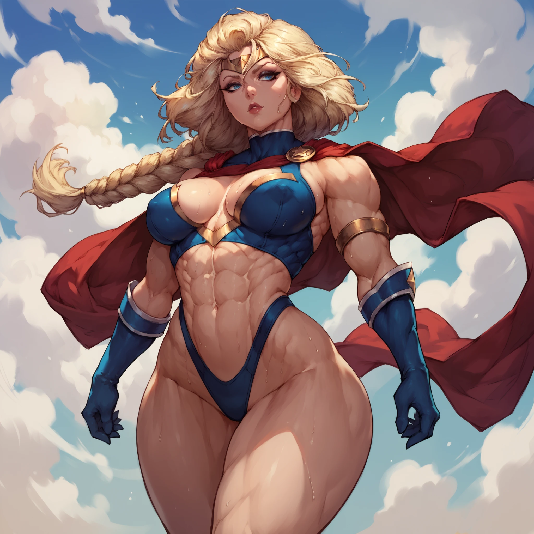 Rarity, Rarity of My Little Pony, Rarity in the form of a girl, Huge-breasts, Lush breasts, Elastic breasts, hairlong, Luxurious hairstyle, coiled hair, In the costume of Captain Marvel, White costume, On the costume of diamonds, Sveraket costume, in the style of Rarity, Elegant boots, in the sky, superhero, brawn, in full height, smirk, magic, Captain Marvel Boots, Flight beam, beste-Qualit, Very detailed, 8K quality, in full height,beautiful woman, detailed face, muscular, vibrant (blue skin:1.5), pointed ears, gold hoop earrings, (crotch bulge:1.2), thick thighs, slouch, hands on thighs, (scared expression:1.3), (gaping mouth:1.2), frightened eyes, nervous, long wavy black hair, messy ponytail, tiny (golden bikini:1.4), beach, looking at viewer,Muscle girl, abs, dark skin, mommy, max strengthm,(best quality,4k,8k,highres,masterpiece:1.2),ultra-detailed,(realistic,photorealistic,photo-realistic:1.37),medium:oil painting,a gorgeous woman, sadistic smirk, small smile, tall, statuesque, imposing, towering, toned, slender, slim, wide shoulders, strong deltoids, narrow waist, narrow hips, huge breasts, biceps, triceps, (eight pack abs), extremely well defined abs, strong abs, long eyelashes, make up, perfect eyes, detailed eyes, gorgeous eyes, ((glowing blue eyes)), perfect lips, perfect mouth, silver hair, black tank top, leather shorts, arm bands, necklace, earrings, bracelets, tattoo on shoulder, tattoo on arm, tattoo on abs,(masterpiece, high resolution, realistic image:1.4), (a strong and confident female bodybuilder with a dirty blonde hair:1.3), (her well-defined muscles and powerful physique are prominent:1.3), (she stands proudly in a gym, surrounded by fitness equipment:1.2), (her lycra black shorts and small white top showcase her muscular physique:1.2), (she exudes strength and determination:1.2), (the Canon EOS R6 camera captures every detail of her toned body:1.2), (equipped with the Canon RF 85mm f/1.2 L USM lens to emphasize her presence:1.2), (the ligh