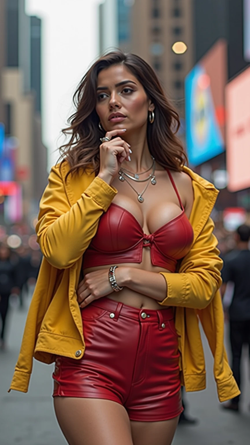 portrait of short colored hair Indonesian woman, curvy muscular, seductive face, wearing Velvet blazer, hoops earing, corset, cross necklace. she poses seductively on the city street. HDR, 4K, High saturation